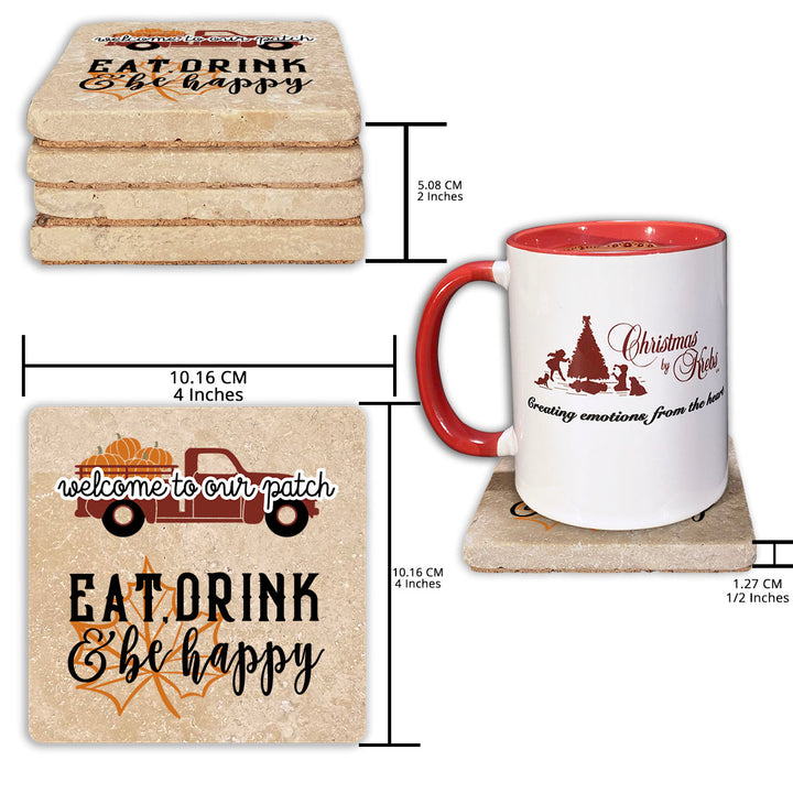 4" Absorbent Stone Fall Autumn Coasters, Welcome To Our Patch, Eat Drink & Be Happy, 2 Sets of 4, 8 Pieces