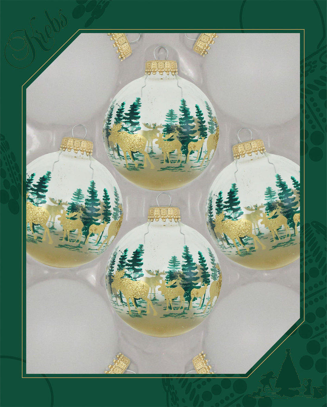 2 5/8" (67mm) Ball Ornaments, Snow White with Clear Glass Moose Scene assortment, 8/Box, 12/Case, 96 Pieces