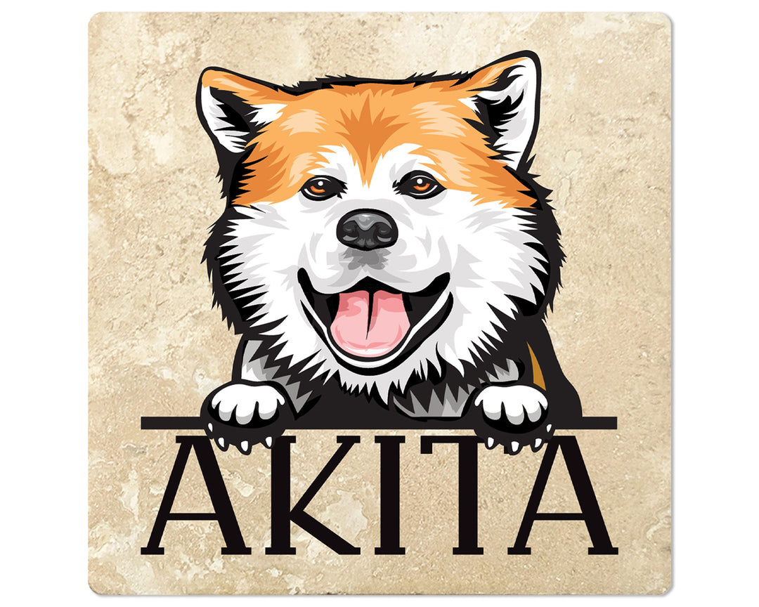[Set of 4] 4" Square Premium Absorbent Travertine Dog Lover Coasters - Akita