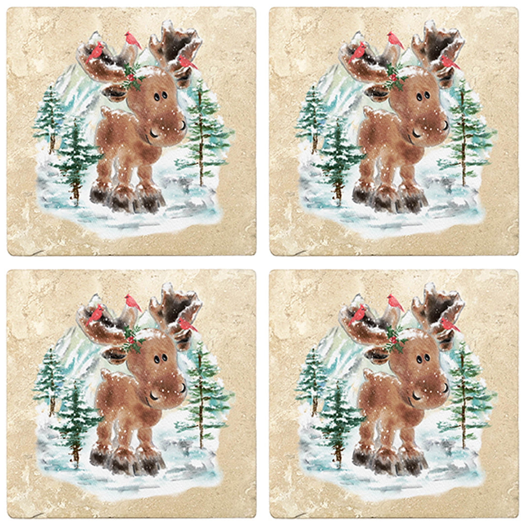 4" Christmas Holiday Travertine Coasters - Moose in Woods with Cardinals, 2 Sets of 4, 8 Pieces