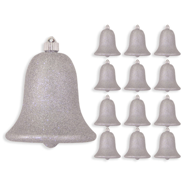7" (178mm) Commercial Shatterproof Bell Ornaments, Silver Glitter, 1/Box, 12/Case, 12 Pieces