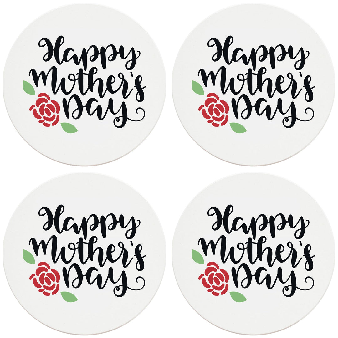 4" Round Ceramic Coasters - Happy Mothers Day with Rose, 4/Box, 2/Case, 8 Pieces