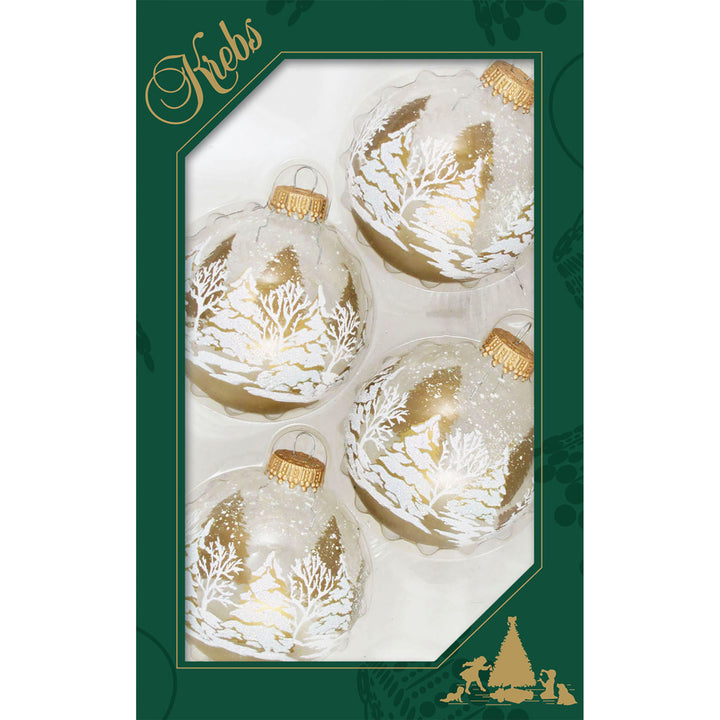 2 5/8" (67mm) Glass Ball Ornaments, Clear with Gold/White Festive Trees, 4/Box, 12/Case, 48 Pieces