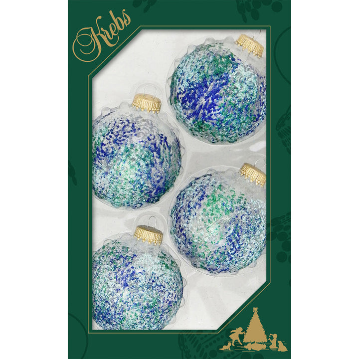 2 5/8" (67mm) Ball Ornaments Clear with Sea Mist / Dark Blue / Emerald Sponged Glitter , 4/Box, 12/Case, 48 Pieces