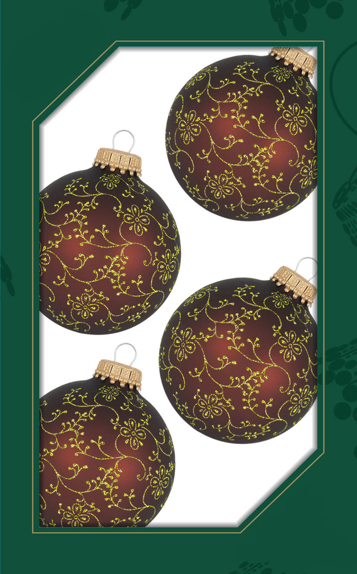 2 5/8" (67mm) Glass Ball Ornaments, Mustang Velvet Brown with Gold Glitterlace, 4/Box, 12/Case, 48 Pieces