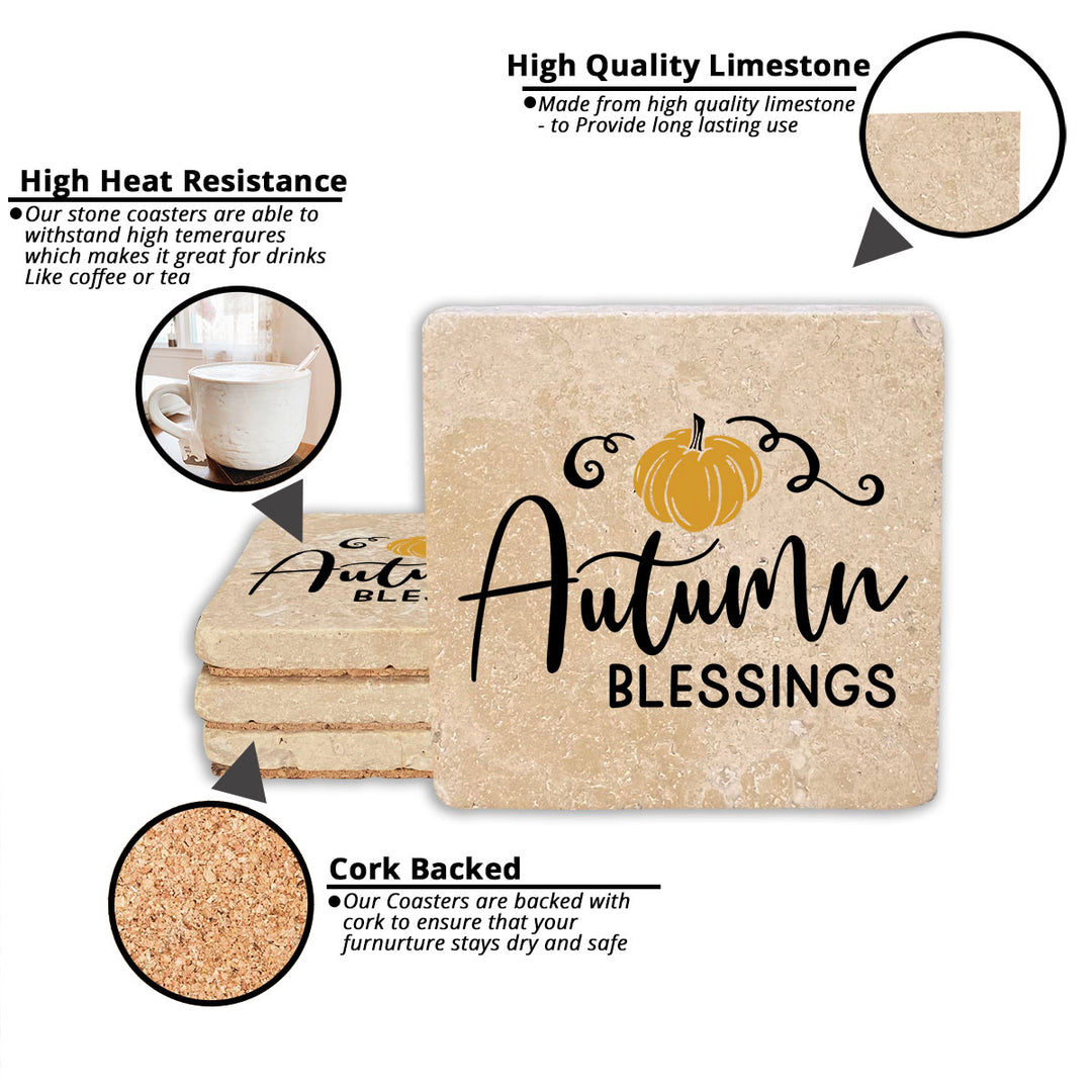 4" Absorbent Stone Fall Autumn Coasters, Autumn Blessings, 2 Sets of 4, 8 Pieces