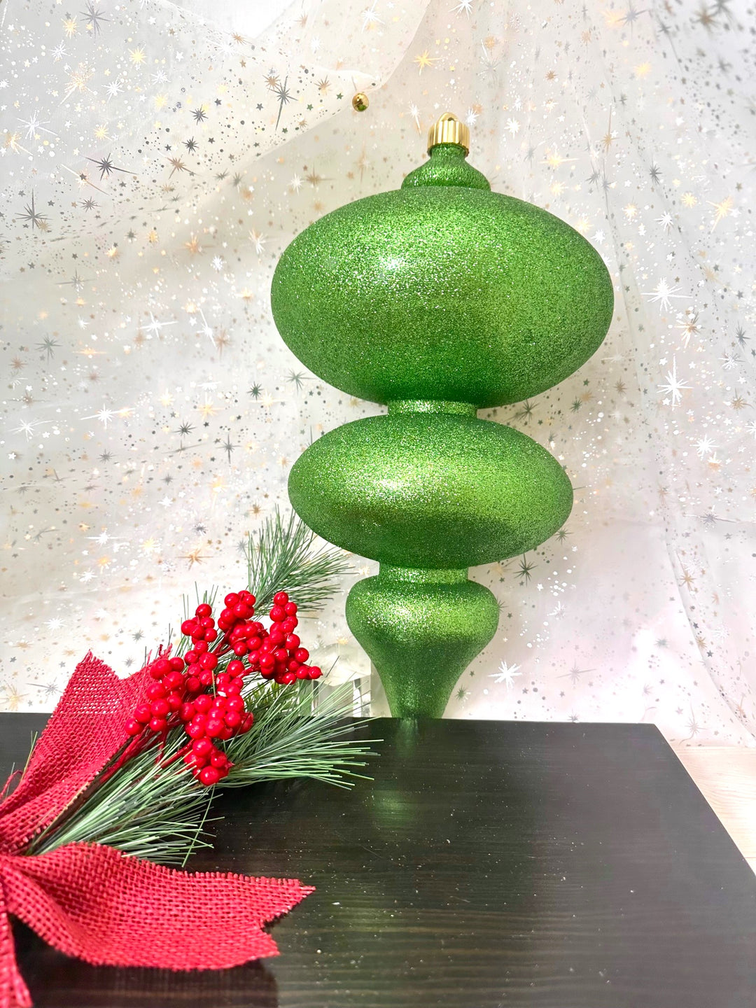 15" (380mm) Giant Commercial Shatterproof Finials, Lime Glitter, Case, 4 Pieces