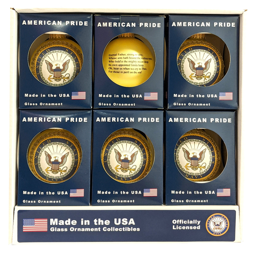 3 1/4" (80mm) Glass Ball Ornaments, Gold Velvet - Silk US Navy Logo and Hymn, 1/Box, 12/Case, 12 Pieces
