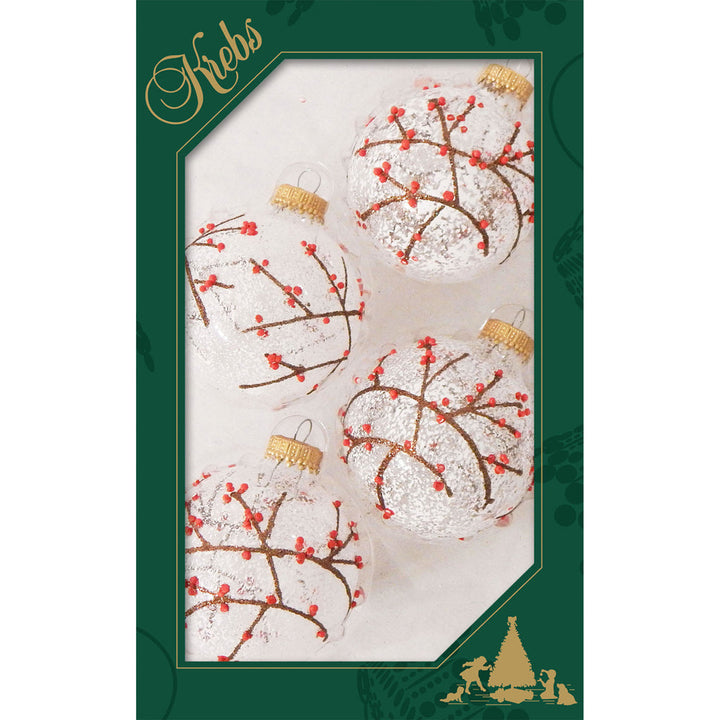 2 5/8" (67mm) Glass Ball Ornaments, Clear - Branches and Berries and Snow, 4/Box, 12/Case, 48 Pieces