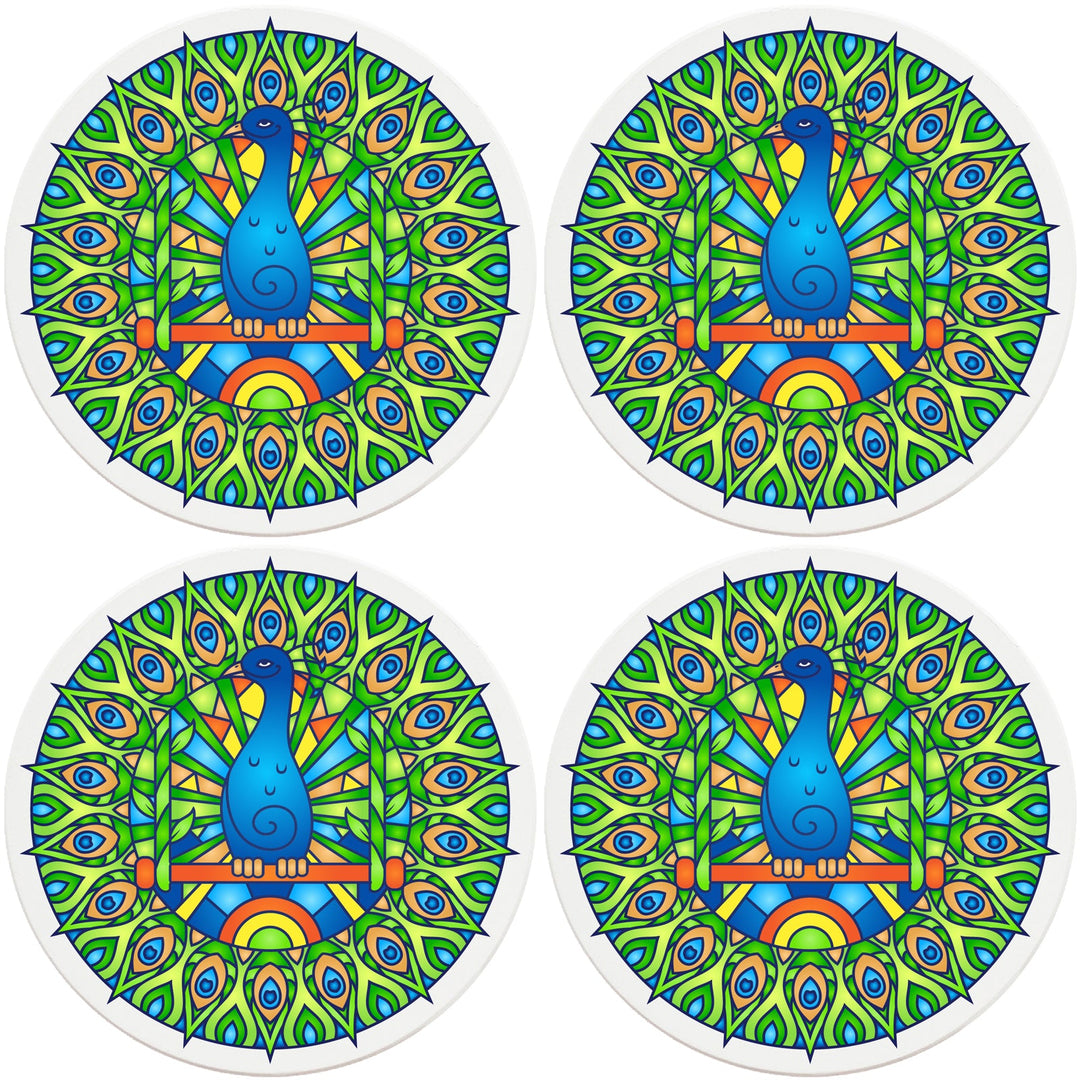 4" Round Ceramic Coasters - Mandala Peacock, 4/Box, 2/Case, 8 Pieces