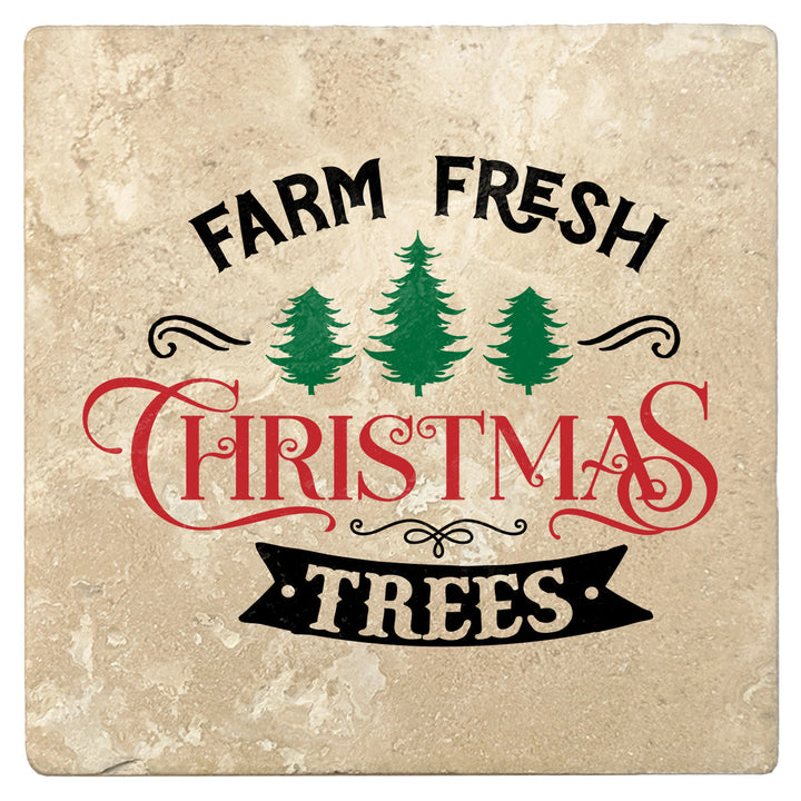4" Absorbent Stone Christmas Drink Coasters, Farm Fresh Christmas Trees, 2 Sets of 4, 8 Pieces