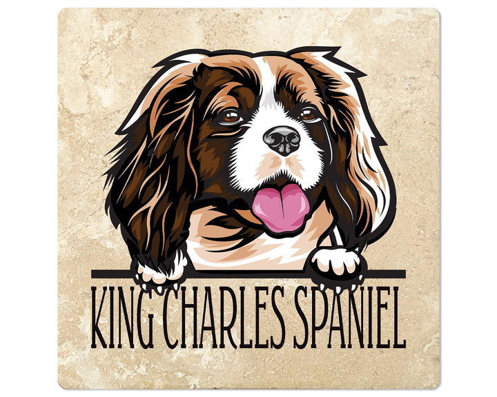 [Set of 4] 4" Square Premium Absorbent Travertine Dog Lover Coasters - King Charles Spaniel
