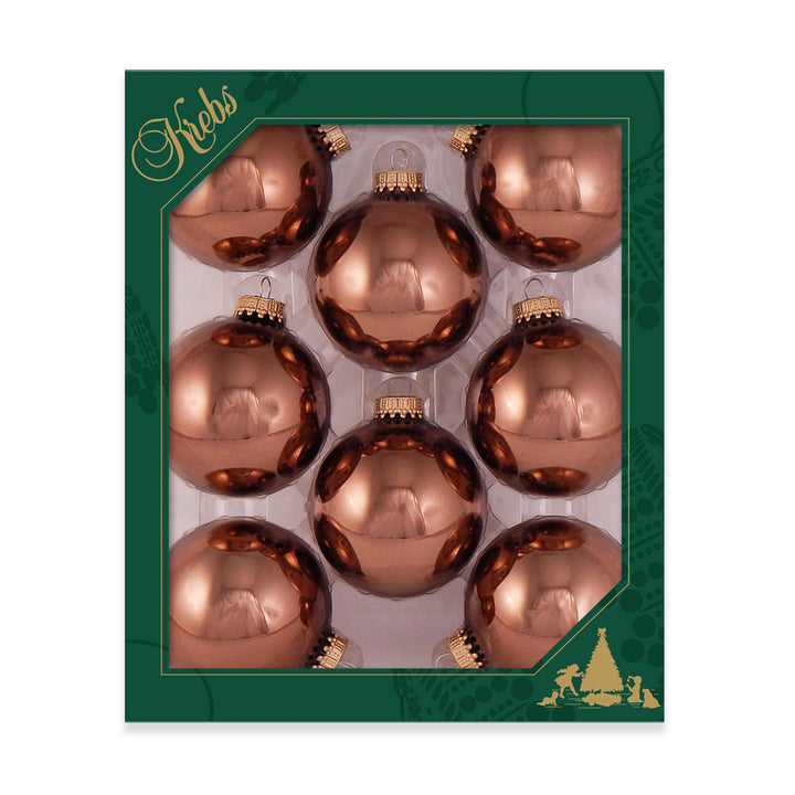 2 5/8" (67mm) Ball Ornaments, Gold Caps, Acacia Brown Shine, 8/Box, 12/Case, 96 Pieces