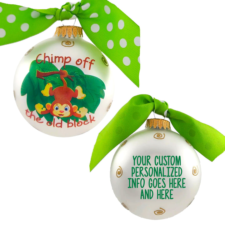 3 1/4" (80mm) Personalizable Hugs Specialty Gift Ornaments, Silver Pearl Glass Ball with Chimp off the old block