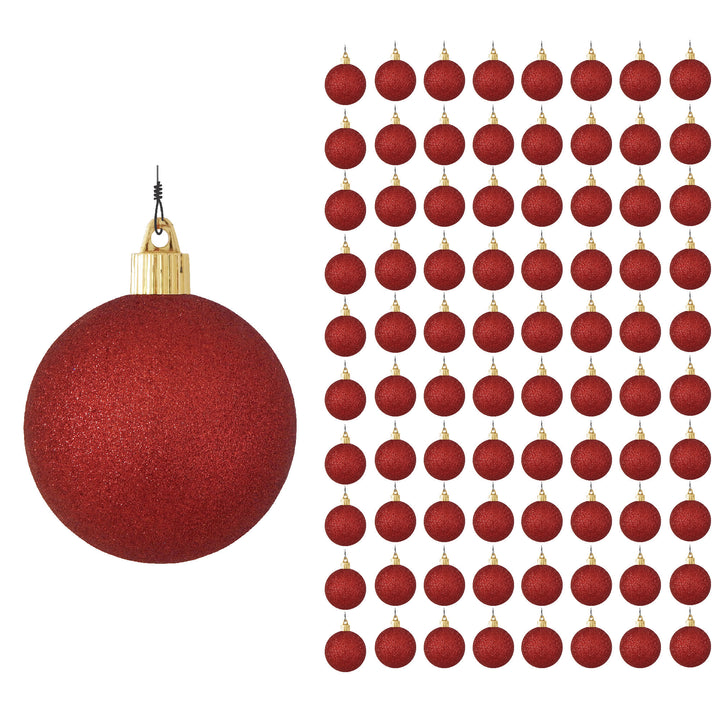 3 1/4" (80mm) Commercial Pre-Wired Shatterproof Ball Ornament, Red Glitter, Case, 80 Pieces
