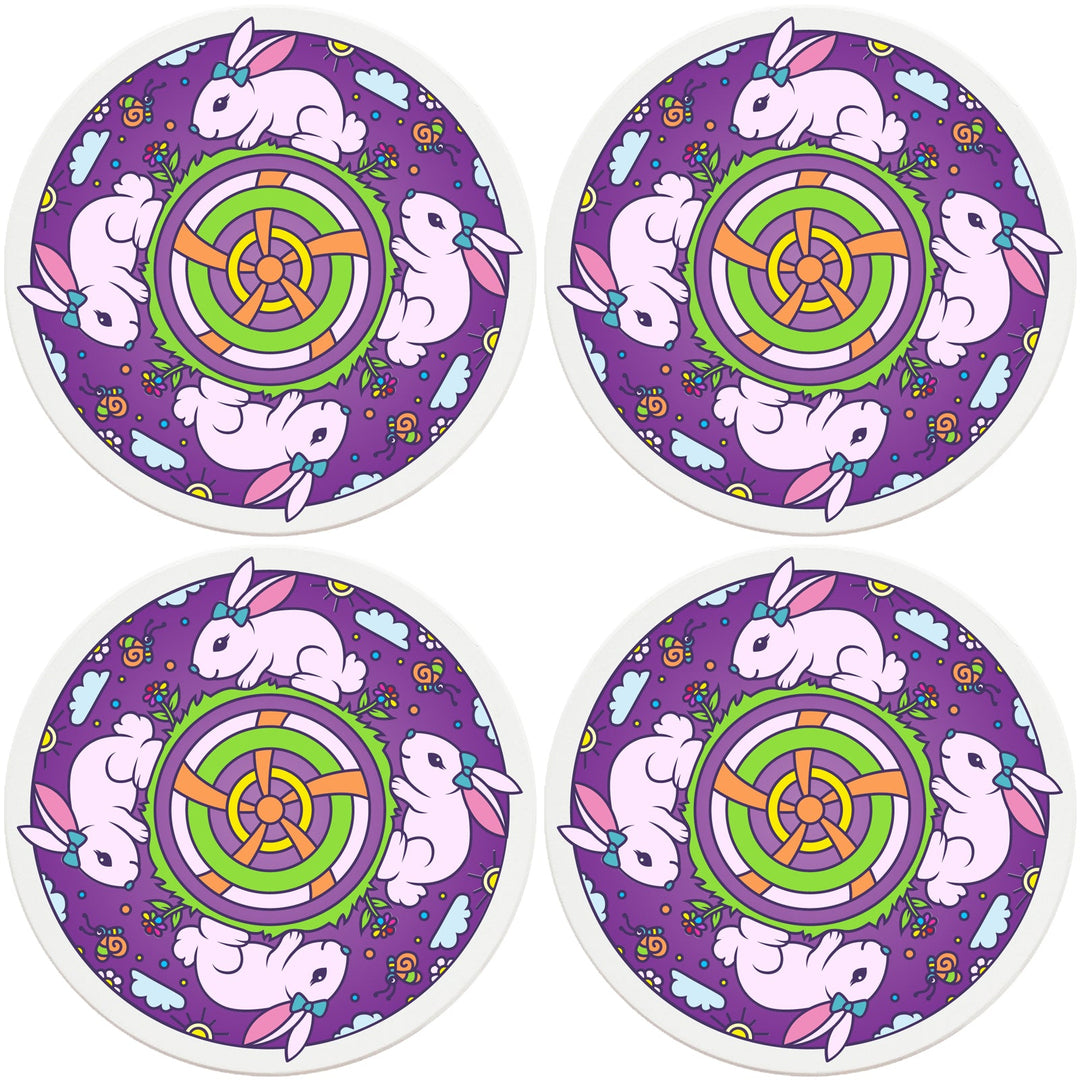 4" Round Ceramic Coasters - Mandala Bunny, 4/Box, 2/Case, 8 Pieces