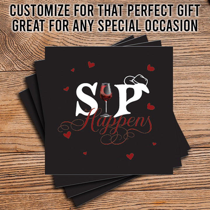 4" Square Ceramic Coaster Set Funny "I Love Wine" Collection - Sip Happens, 4/Box, 2/Case, 8 Pieces.
