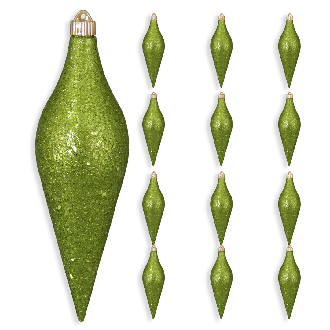 12 2/3" (320mm) Large Commercial Shatterproof Drop Ornaments, Lime Glitz, Case, 12 Pieces