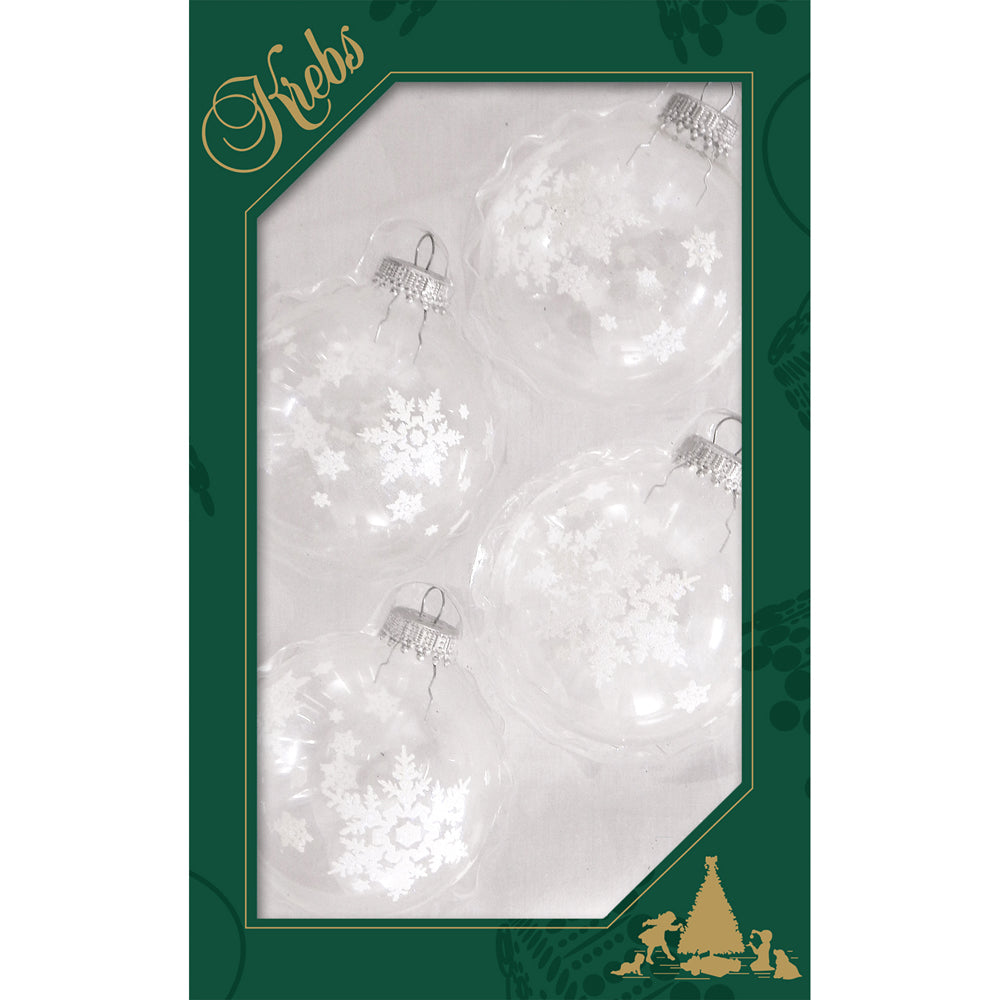 2 5/8" (67mm) Ball Ornaments Clear with White Big Snowflakes, 4/Box, 12/Case, 48 Pieces