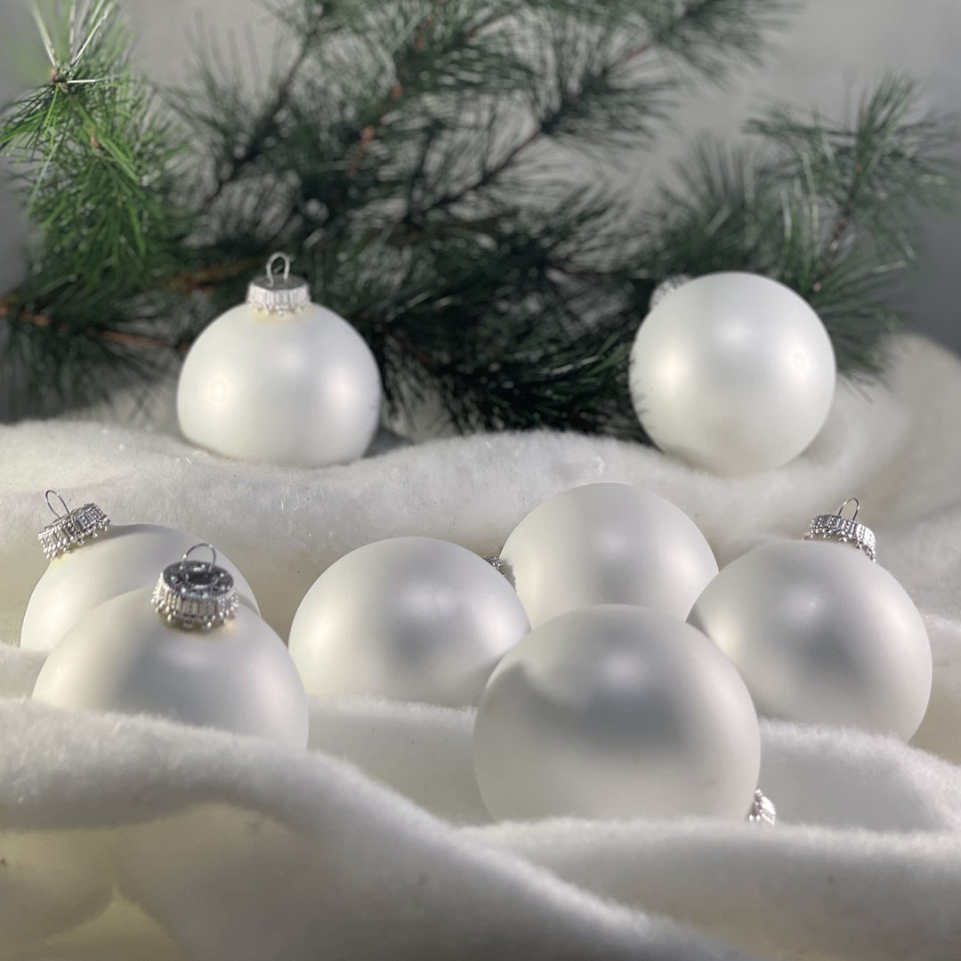 2 5/8" (67mm) Ball Ornaments, Silver Caps, White Satin, 8/Box, 12/Case, 96 Pieces