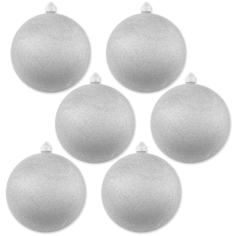 8" (200mm) Giant Commercial Shatterproof Ball Ornament, Silver Glitter, Case, 6 Pieces