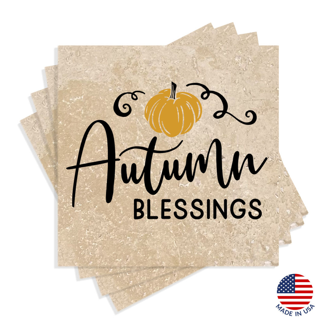 4" Absorbent Stone Fall Autumn Coasters, Autumn Blessings, 2 Sets of 4, 8 Pieces
