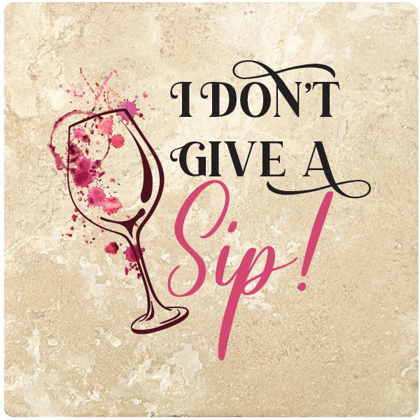 4" Square Travertine Coaster Set Funny "I Love Wine" Collection - Give a Sip, 4/Box, 2/Case, 8 Pieces.