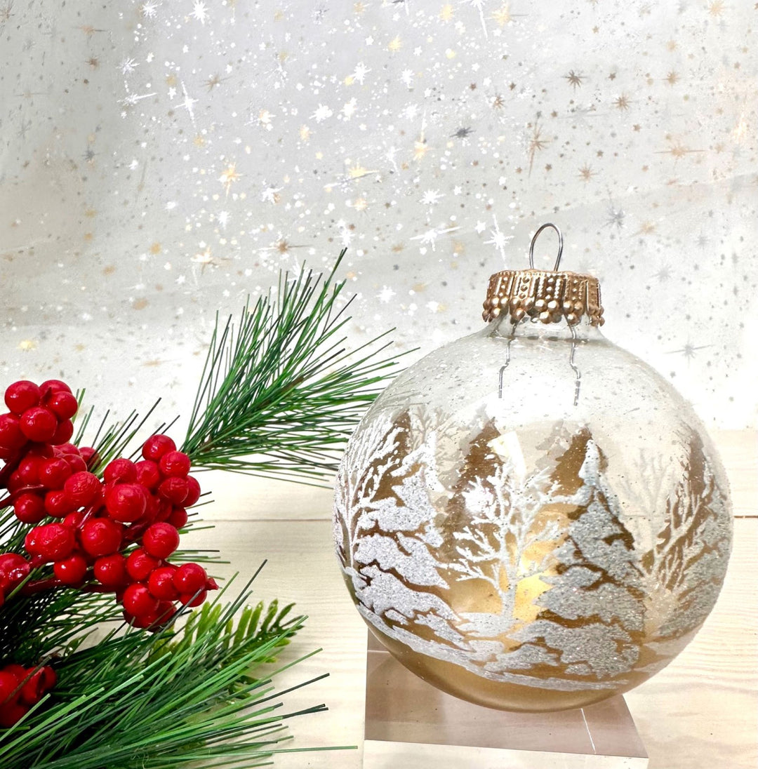 2 5/8" (67mm) Glass Ball Ornaments, Clear with Gold/White Festive Trees, 4/Box, 12/Case, 48 Pieces