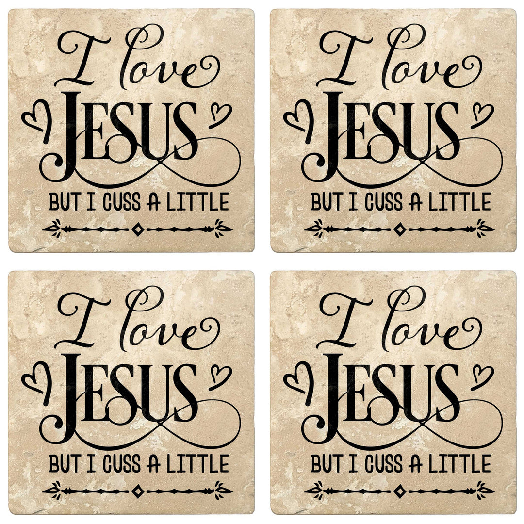 4" Absorbent Stone Religious Drink Coasters, I Love Jesus But I Cuss A Little, 2 Sets of 4, 8 Pieces