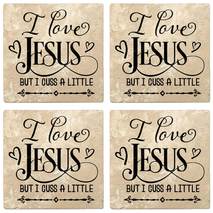 4" Absorbent Stone Religious Drink Coasters, I Love Jesus But I Cuss A Little, 2 Sets of 4, 8 Pieces