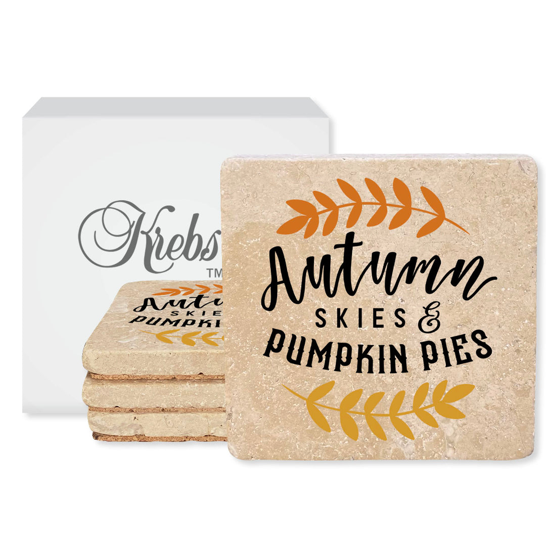 4" Absorbent Stone Fall Autumn Coasters, Autumn Skies And Pumpkin Pies, 2 Sets of 4, 8 Pieces