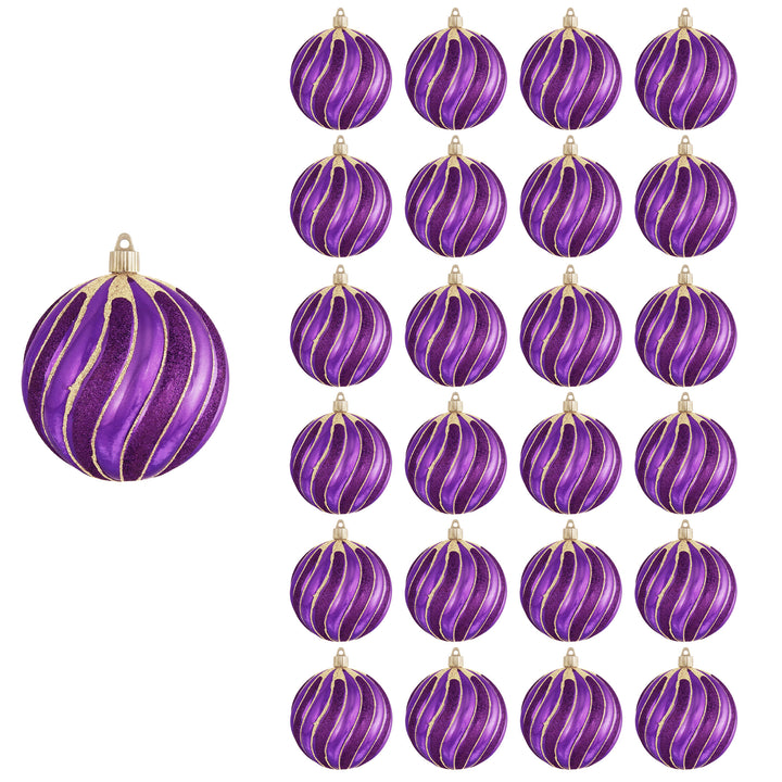 4 3/4" (120mm) Jumbo Commercial Shatterproof Ball Ornament, Vivacious Purple with Purple / Gold Glitter Swirls, Case, 24 Pieces