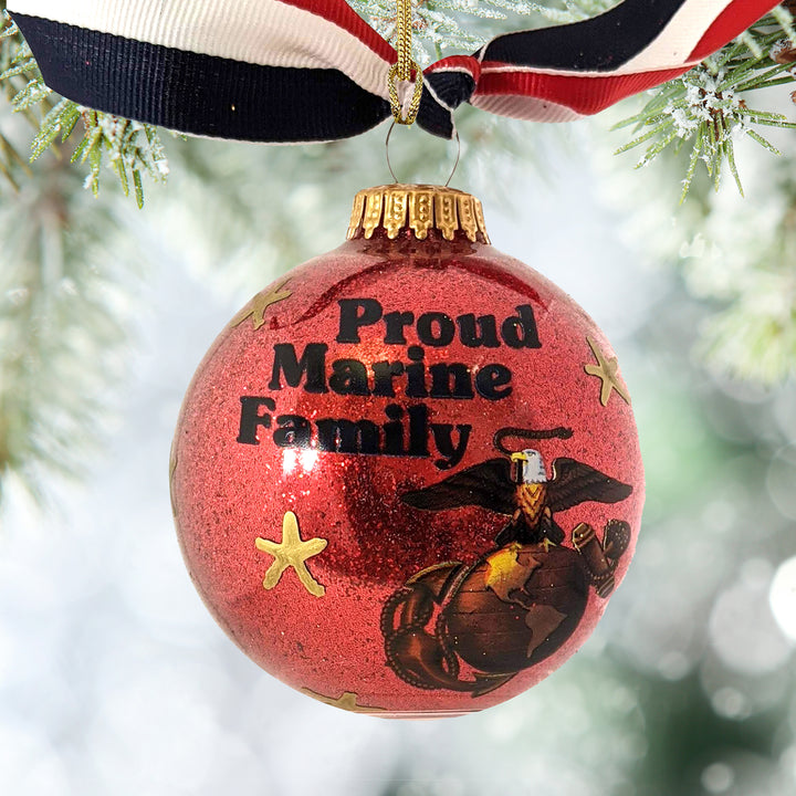 3 1/4" (80mm) Personalizable Hugs Specialty Gift Ornaments, Proud Marines Family with ribbon and all-around decoration, Red Glitter, 1/Box, 12/Case, 12 Pieces