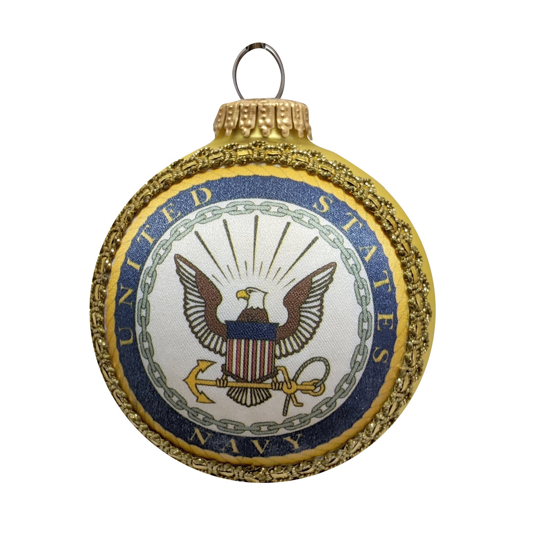 3 1/4" (80mm) Glass Ball Ornaments, Gold Velvet - Silk US Navy Logo and Hymn, 1/Box, 12/Case, 12 Pieces