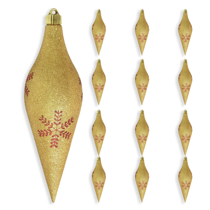 12 2/3" (320mm) Large Commercial Shatterproof Drop Ornaments, Gold Glitter with Red Leafy Flakes, Case, 12 Pieces