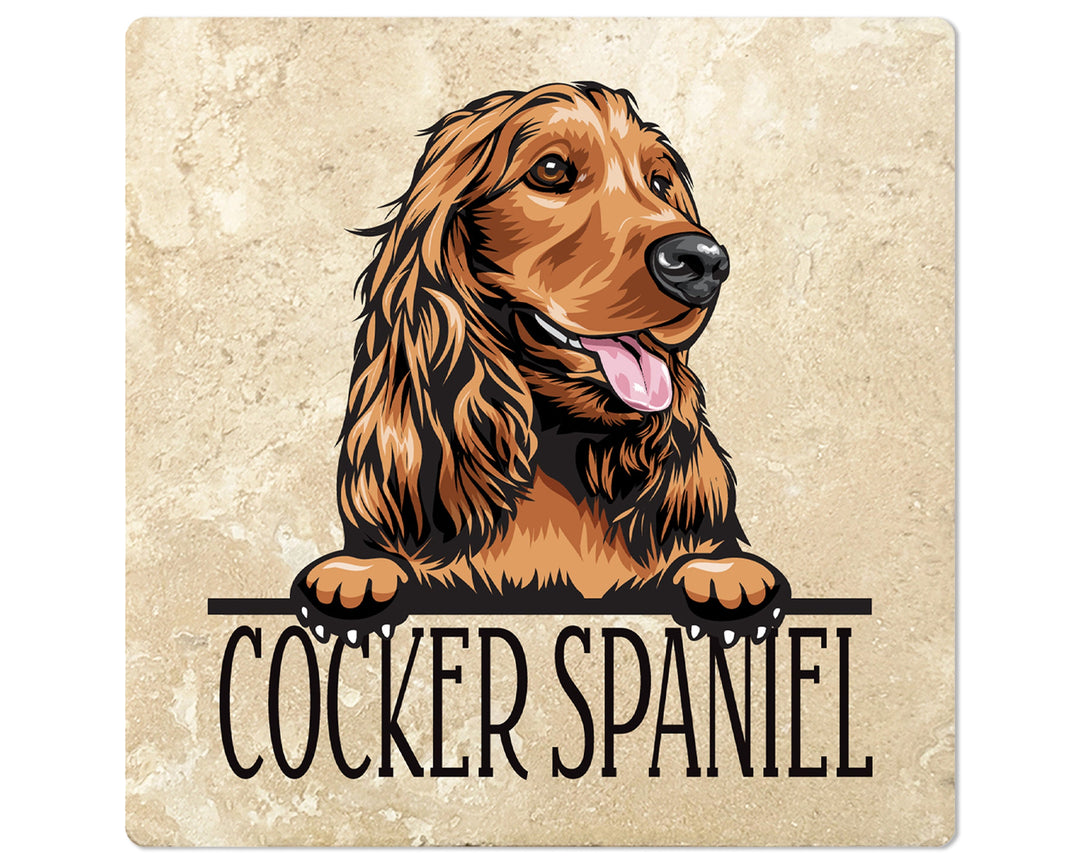 [Set of 4] 4" Square Premium Absorbent Travertine Dog Lover Coasters - Light Brown Cocker Spaniel