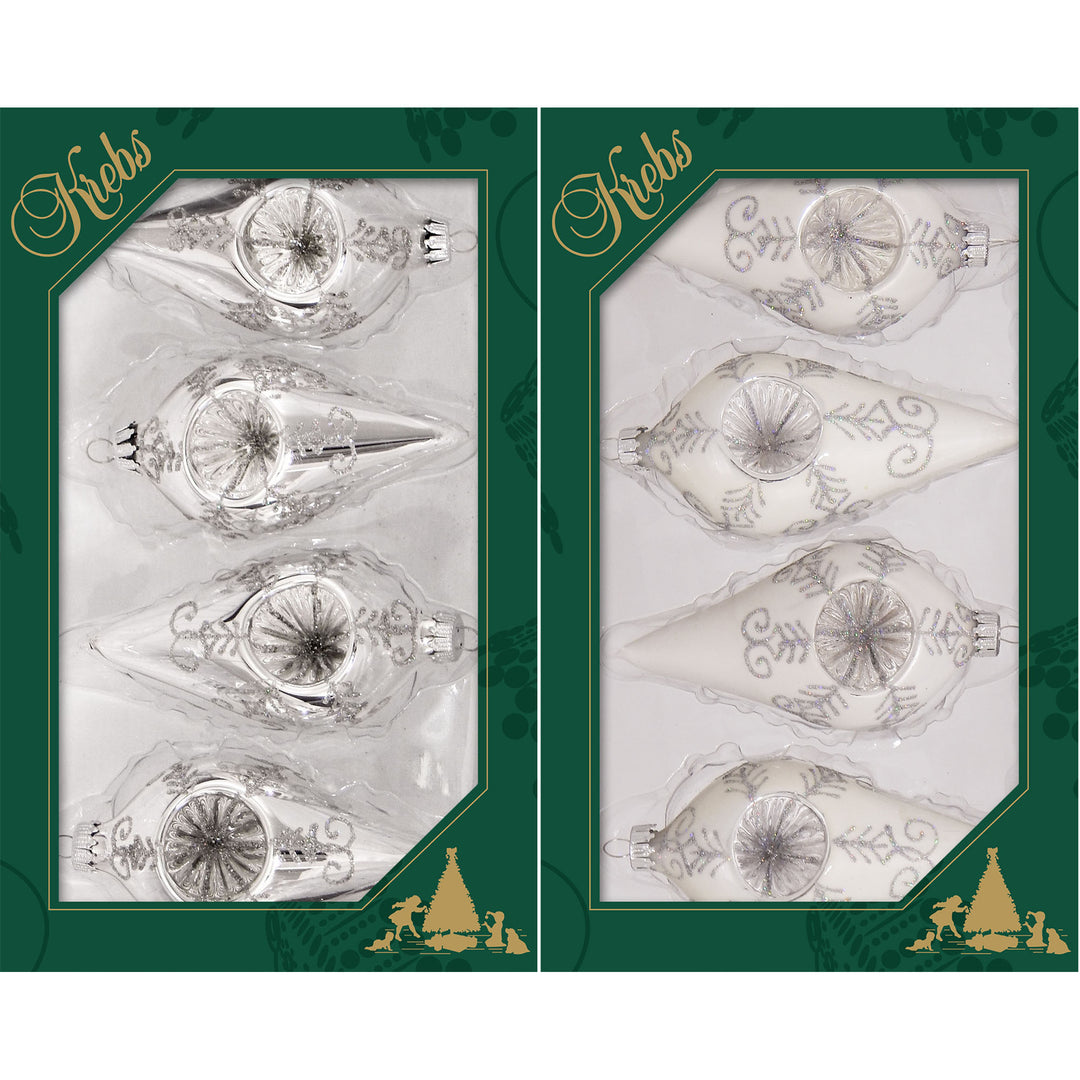 4" Drop Glass Finials with Reflector, Bright Silver / Porcelain White, 12/Box, 4/Case, 48 Pieces