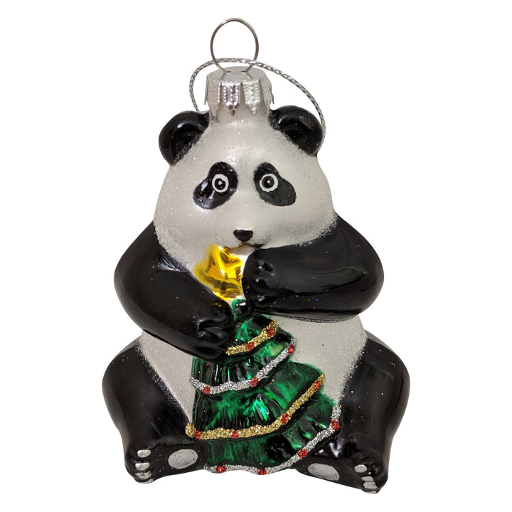 3 1/4" (80mm) Panda holding Christmas Tree Glass Figurine Ornaments, 1/Box, 6/Case, 6 Pieces