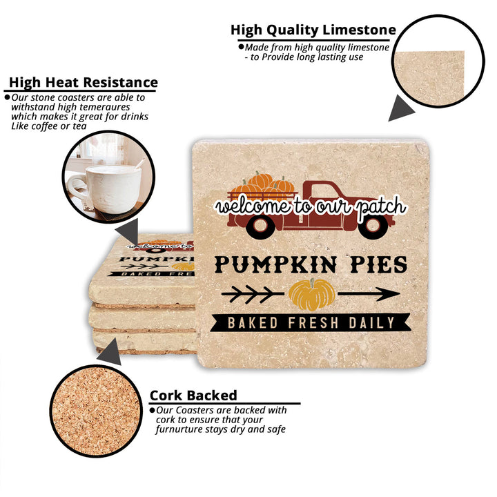 4" Absorbent Stone Fall Autumn Coasters, Welcome Pumpkin Pies Baked Fresh Daily, 2 Sets of 4, 8 Pieces