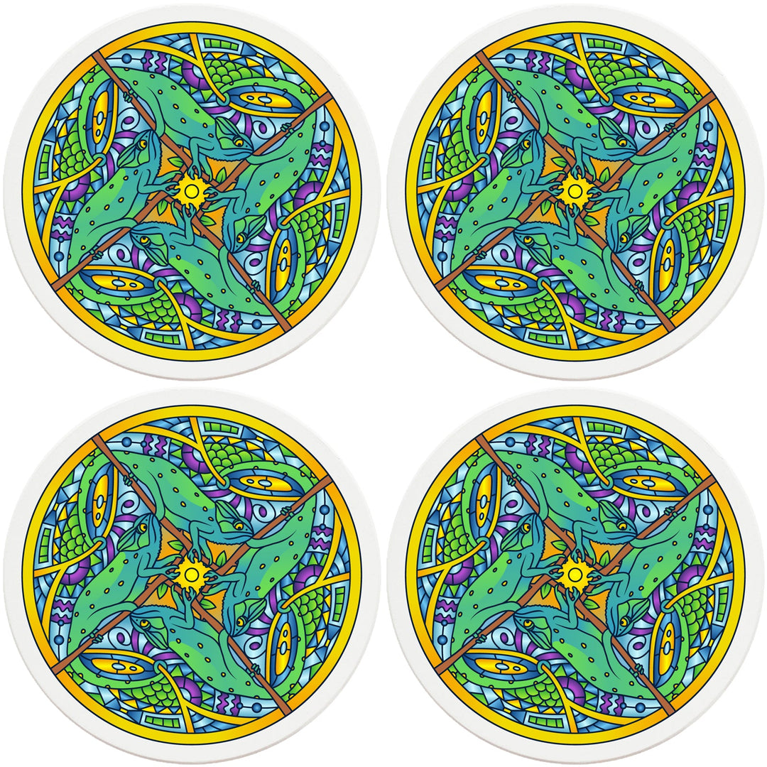 4" Round Ceramic Coasters - Mandala Chameleon, 4/Box, 2/Case, 8 Pieces