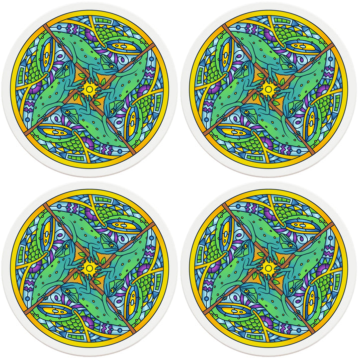4" Round Ceramic Coasters - Mandala Chameleon, 4/Box, 2/Case, 8 Pieces