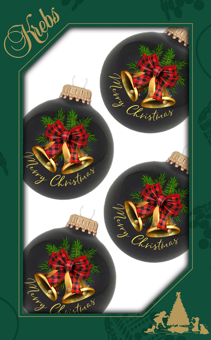 2 5/8" (67mm) Ball Ornaments, Ebony Shine, Plaid Bow and Gold Bells,  4/Box, 12/Case, 48 Pieces
