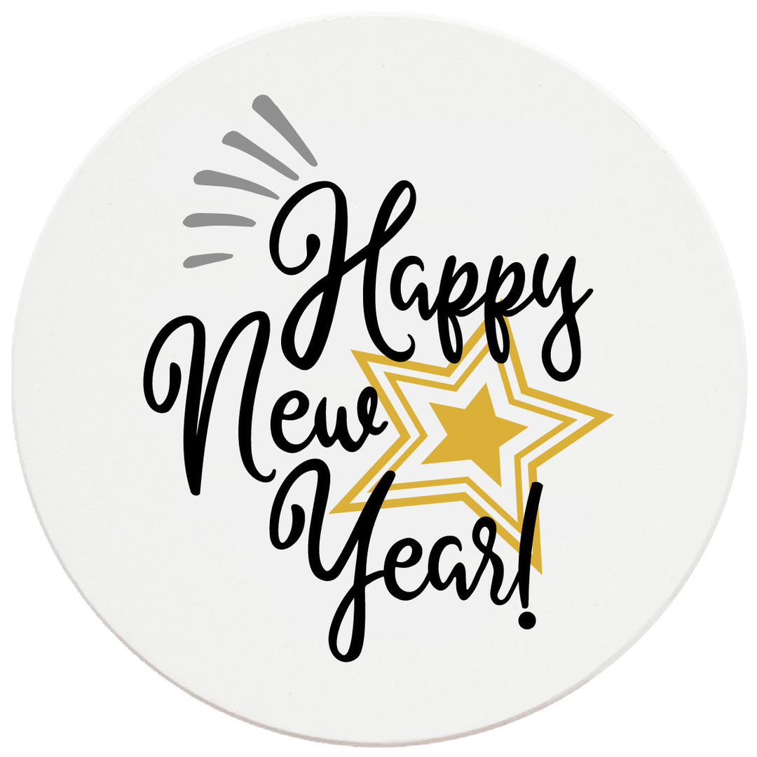 4 Inch Round Ceramic Coaster Set, Happy New Year, 2 Sets of 4, 8 Pieces