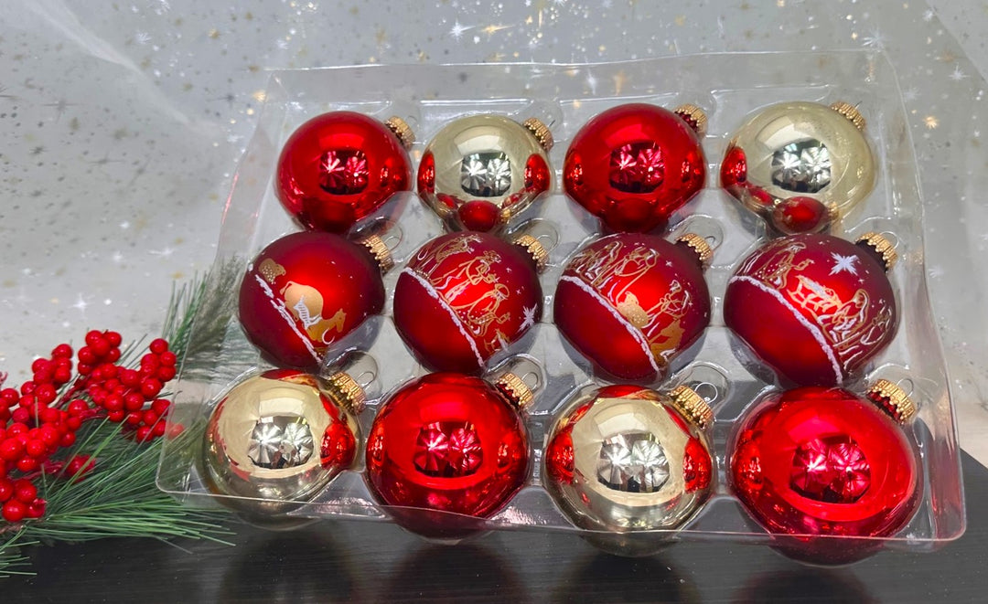 2 5/8" (67mm) Red and Gold Glass Ball Variety Set Decorated with Nativity Scene, 12/Box, 12/Case, 144 Pieces