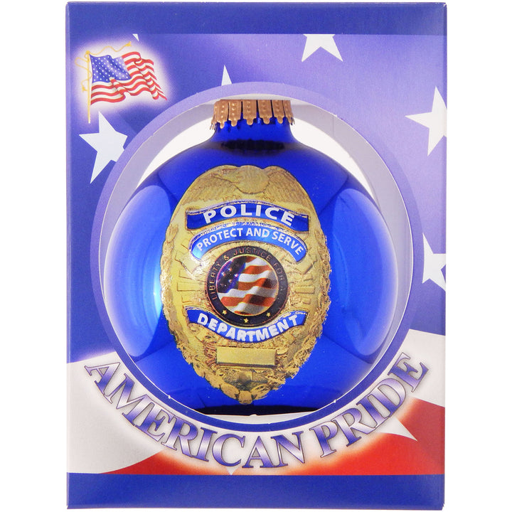 3 1/4" (80mm) Victoria Blue Glass Ball Ornaments, First Responder Police Logo, 1/Box, 12/Case, 12 Pieces