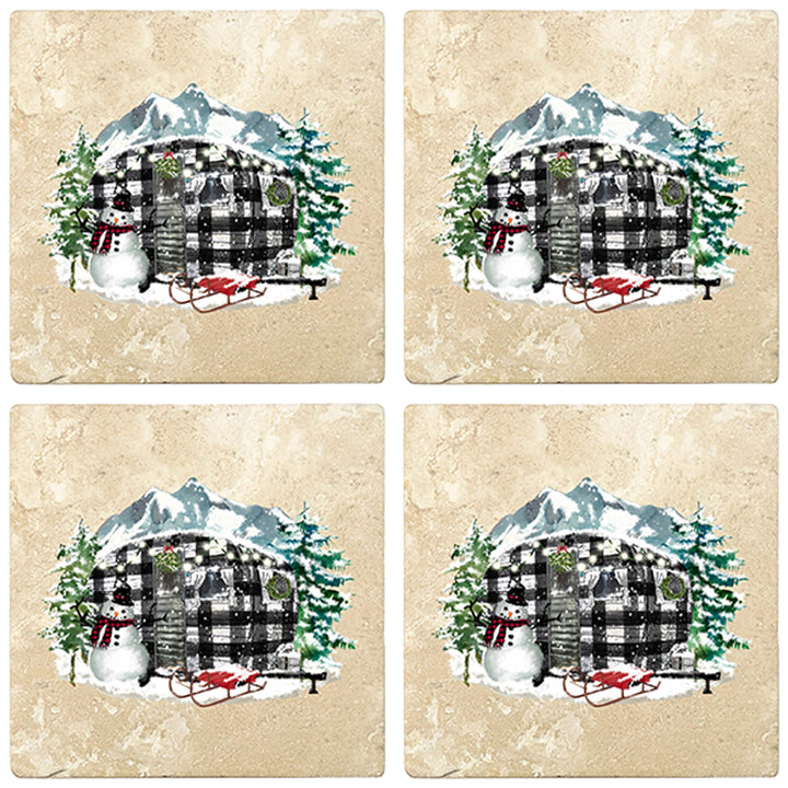 4" Christmas Holiday Travertine Coasters - Plaid Camper, 2 Sets of 4, 8 Pieces