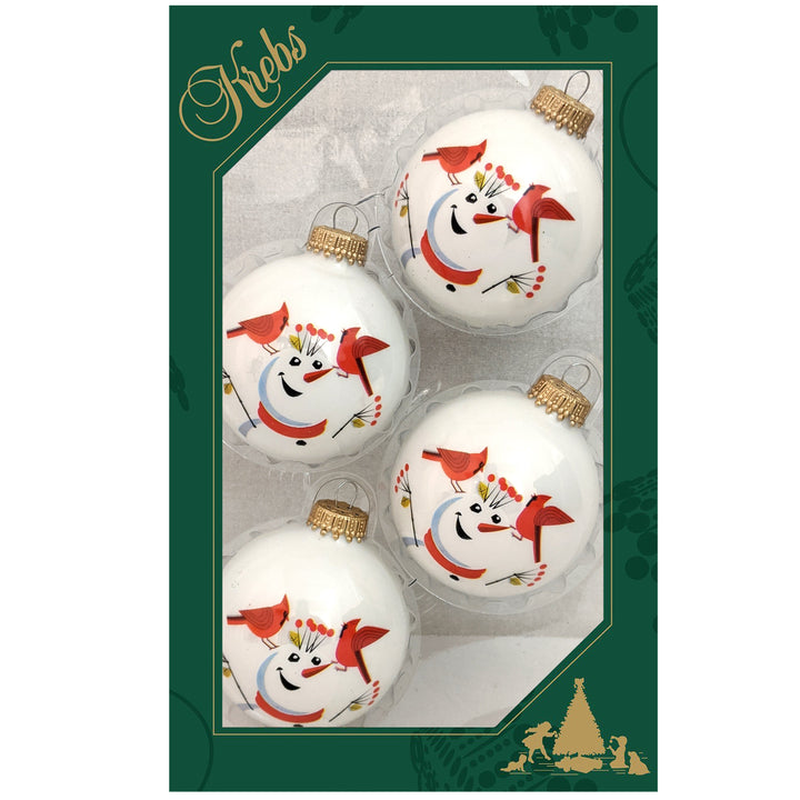 2 5/8" (67mm) Glass Ball Ornaments, Porcelain White - Snowman and Red Cardinals, 4/Box, 12/Case, 48 Pieces