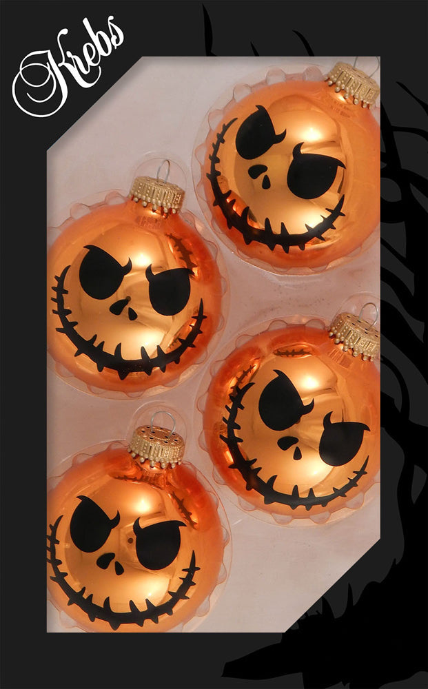 2 5/8" (67mm) Halloween Ball Ornaments Solid Orange Crush with Scary Faces 4/Box, 12/Case, 48 Pieces