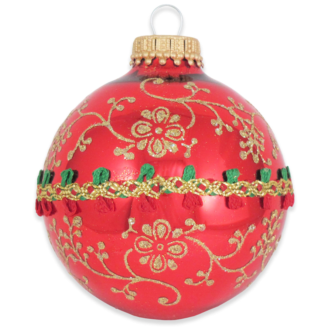 2 5/8" (67mm) Ball Ornaments Christmas Red and Red Velvet with Gold Glitterlace and Braid, 4/Box, 12/Case, 48 Pieces