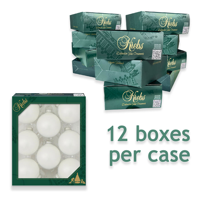 2 5/8" (67mm) Ball Ornaments, Silver Caps, White Satin, 8/Box, 12/Case, 96 Pieces